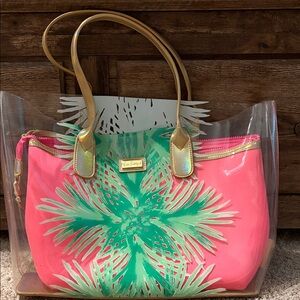 Lilly Pulitzer Pink & Green Clear Tote with Gold Handles